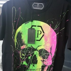 PHILIPP PLEIN GREEN&PINK COLOR SKULL BLACK T-SHIRT